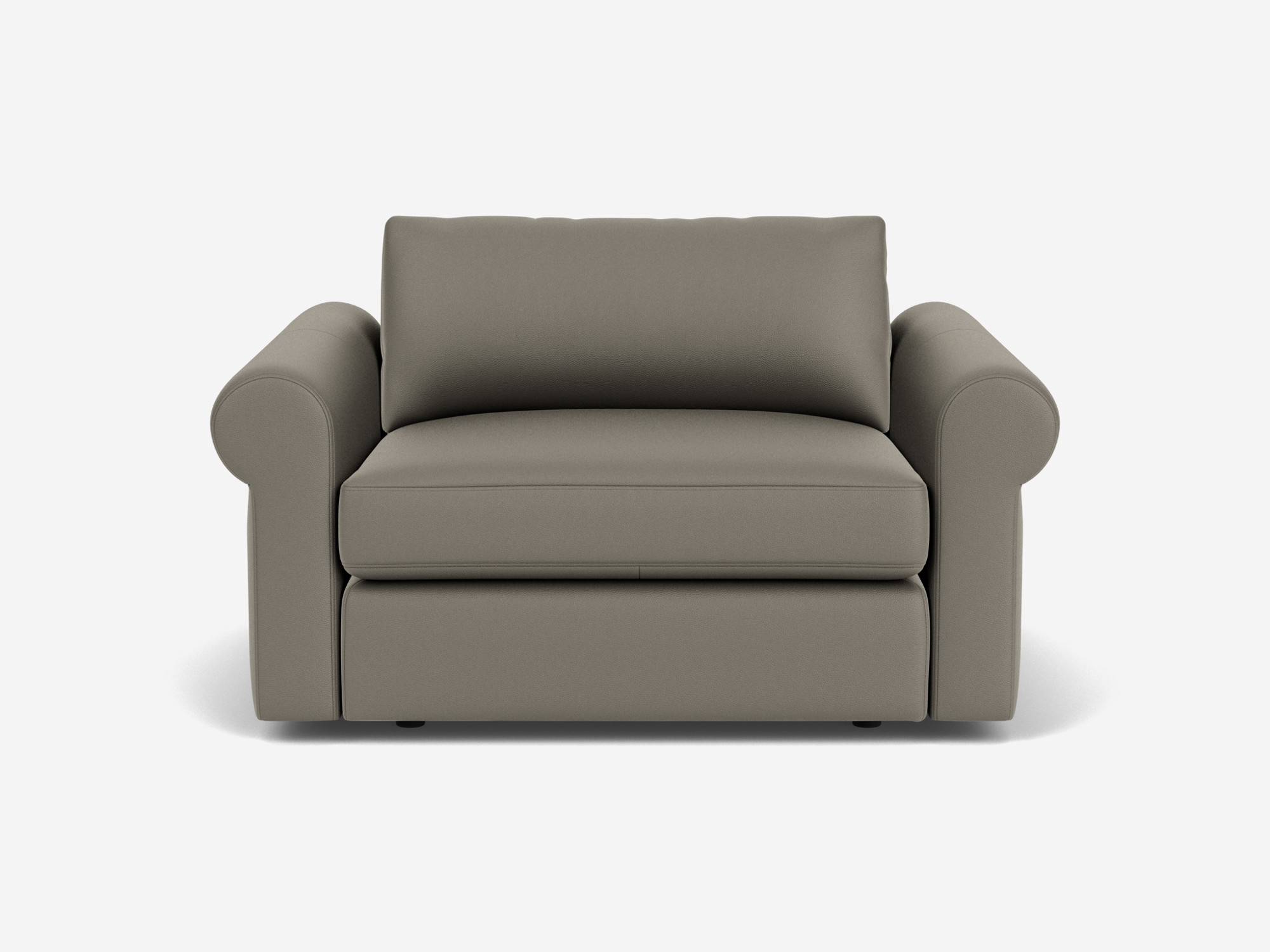 Front view of grey leather wide armchair with roll arms